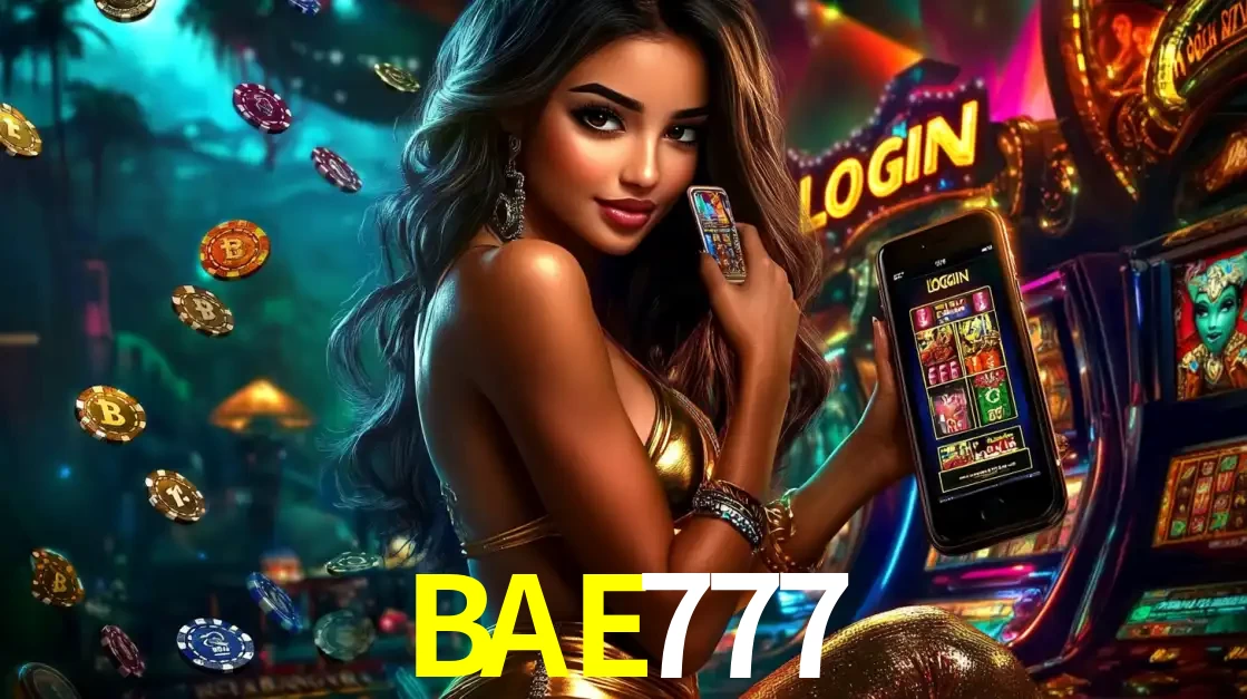 Mulher em um cenário de cassino temático de aventura, mostrando o app de caça-níqueis da BAE777 no celular. Fichas de apostas flutuam ao redor.