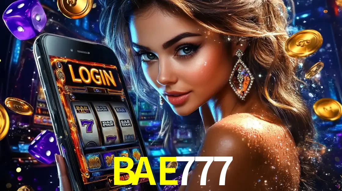 Mulher glamorosa segurando um smartphone com a tela de login para os jogos de caça-níqueis do cassino online BAE777, com moedas de ouro e dados ao redor.