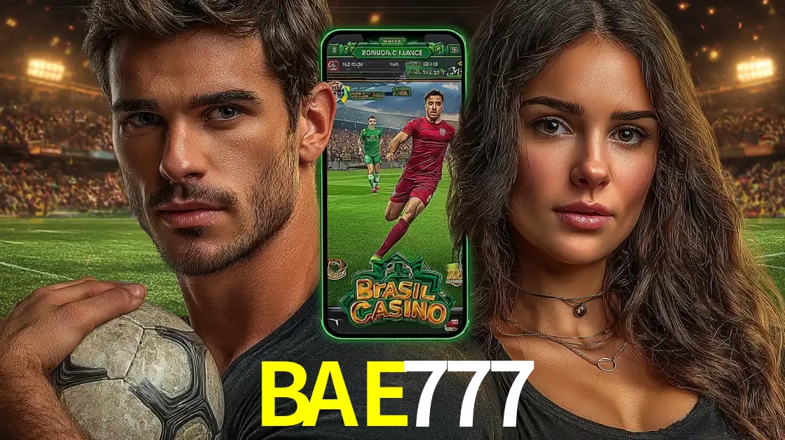Homem segurando uma bola de futebol e uma mulher ao lado de um smartphone exibindo o jogo de apostas esportivas da BAE777. Faça seu palpite no cassino online.